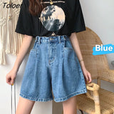 Women Summer Denim Wide-leg Buttons Vintage Washed High-waist Solid A-line Loose All-match Womens BF Ulzzang Slim