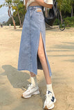 Autumn New Vintage Women Denim Skirt Street Style High Waist Straight A-Line Chic Hem Casual Elegant Split