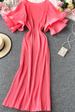 Korean Pleated Women Dress Flare Short Sleeve O-neck Causal Dresses 2023 Summer Long Robe Fashion Vestidos
