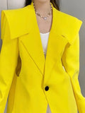 Fashion Women's Blazer New Notched Loose Single Button Solid Long Sleeve Hollow Out Yellow Suit Jackets Summer 2023