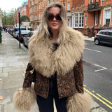 Sweetown Fur Trim Leopard Jackets Y2K Coats Women Vintage Grunge High Street Outwear Button Up Elegant Fashion Autumn