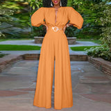 Elegant Long Jumpsuits Women 3/4 Sleeve Vintage High Waist Wide Leg Rompers Casual Pleated Party Overalls Loose Pants No