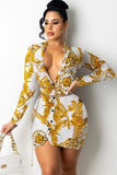 Print Retro V-Neck Mini Bodycon