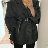 Dark Gray Wool Jacket Women with Belt Autumn Winter Notched Collar Chic Blend Coat Ladies Thicken Fall Outerwear