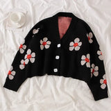 Style Flower Knit Cardigans Sweater Women V Neck Loose elegaht Thicked Pull Femme Print Short Casual Coat