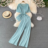 Suit Goddess Fan Irregularly Round Neck Knitted Top Two Sets Of High-Rise Thin Broad Leg