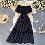 Sexy Slash Neck Chiffon Long Dress Women Red/Green/Purple Irregular Ruffle Short Sleeve High Waist Beach Vestidos Female