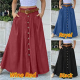 Maxi Skirts Fashion Women Elegant Button High Waist Midi Skirt Female Big Hem Casual Flare Pocket Button Long