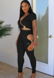 Sexy V-neck Short Sleeves High Waist Solid Hollow Out Skinny Two Piece Pants