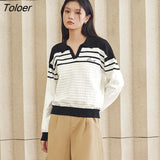 Women Sweaters 2023 Spring Long Sleeves V Neck Loose Knit Cardigan Classic Black Red Stripe Casual Chic
