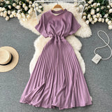 Summer Women Pleated Dress Vintage Round Neck Hollow Out Short Sleeve High Waist Casual Vestidos Elegant Draped Purple/Red