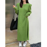Women Green Knitting Big Size Long Dress New Round Neck Long Sleeve Loose Fit Fashion Tide Autumn Winter 2022