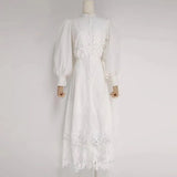 TWOTWINSTYLE Embroidery Elegant Dress For Women Stand Collar Puff Sleeve High Waist Cut Out Midi Dresses Female Fashion