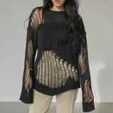 Hollow Out Thin Knit Long Sweater Pullover Women Jumper Korean Style Long Sleeve Sexy Hole Irregular Hem Loose Tops