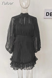 Vintage Fold Dress Long Lantern Sleeve Turtleneck High Waist Slim Summer Dresses Women Fashion Clothes 2023