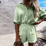 Linen Solid Oversize Women Shorts Set Single-breasted Shirt And Elastic Waist Trousers Ladies Suit Summer Loose