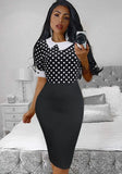Printed Formal Turn-down Collar Short Sleeves Patchwork Midi Office