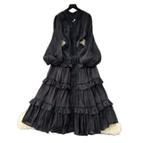 Elegant Temperament Dress Female Heavy Industry Hot Diamond Lace To Receive Waist Thin Lantern Sleeves Side