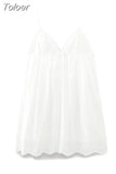 MODA 2023 Summer Women White Cotton Embroidery Dress Ladies V Neck Sleeveless Strap Tie Ruffle Heme Sheath Female