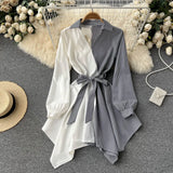 Korean Irregular Dresses Women Fashion Long Sleeve Sashes A-line Dress Spring Vintage Stripe Streetwear Mini