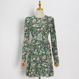 Print Temperament Spring Dress For Women O Neck Long Sleeve High Waist Sashes Blue Dresses Female Fashion New