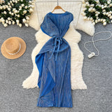 Folded Dress Design Irregular Lotus Leaves Side To Receive Waist Repair Bright Silk Pressure