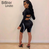 Sisterlinda Reflective Stripes Buckle Strap Sexy Crop Top Women Shorts Tracksuit Set Women Summer Fashion Club Streetwear