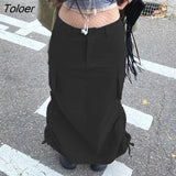 White Front Ruffle Drawstring Casual Long Skirts Women Back Streetwear With Pockets Low Waist Loose Preppy Cargo