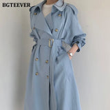 Autumn Winter Elegant Double Breasted Women Long Trench Coats Long Sleeve Loose Belted Split Female Blue