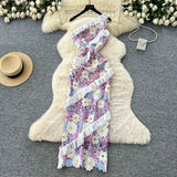 Light Luxury Name Heavy Industry Hollow Hook Lace Dress Female Senior Wood Ear Splicing Oblique Shoulder