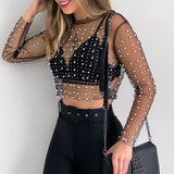 Graduation party Pearl Beading Bling Rhinestone See Through Crop Top Summer Mesh T Shirt Women Party Beach Holiday Lace Tops