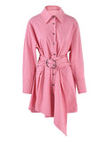 Fashion Women's Shirt Dress Lapel Single Breasted Long Sleeve Metal Buckle Belt Pink Mini Dresses Summer 2023 New