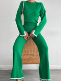 Women Casual Contrast Slit Sweater Suits O-Neck Knitted Pullover And Wide Leg Pants Female 2 Piece Set Elegant Warm Lilac