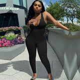 Ribbed Romper Jumpsuit Solid Color Sleeveless Deep U Neck Skinny Slim Tight Elastic Home Gym Casual