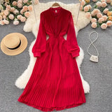 Autumn Purple/Red/Yellow Pleated Dress Women Vintage Stand Collar Puff Sleeve High Waist Draped Vestidos Female Midi Robe