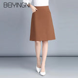 Plus Size Office Lady Skirts Black Pockets Elastic High Waist Skirt OL Korean Work Wear Midi Skirts Fashion