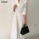 Elegant White Dress Women 2023 Spring Double Breasted Notched Neck Vestido Dress Female Long-sleeve Women Clothing