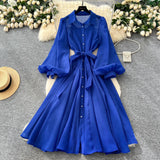 Dress Woman Autumn 2025 Court Style Niche Collar Single Buckle Strap To Belt Lantern Sleeve Long