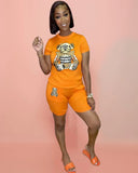 Cute Fashion Bear Print Short Sleeve Top And Shorts Two Piece