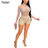 Diamonds Rompers And Jumpsuits Summer Sexy Short Jumpsuits For Women Casual Mesh See Through Long Sleeve Romper