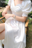 Dress Women A-line Vintage Short Puff Sleeve Summer Woman Dot Print Split Long Chiffon Dress Square Collar Boho