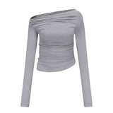 Aesthetic T Shirt 2023 Spring Autumn Solid Color Off Shoulder Long Sleeve Crop Top 2000s Tees Women Clothing