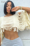 Fashion Women's Knitted Pullover Round Neck Loose Apricot Half Sleeve Asymmetric Tassel Sweater Summer 2023 New
