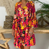 Bohemian Women Dresses Summer Long Sleeve Button Loose Mini Dress Big Swing Boho Dress Printed Vestido 425-1-Outfit