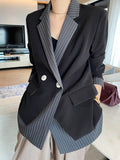 Fashion Women's Double Blazer Notched Loose Long Sleeve Irregular Patchwork Striped Suit Jackets Spring 2023 New