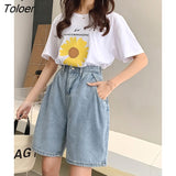 New Woman Wide Legs High Waist Blue Knee-Lenght Denim Shorts Casual Female Loose Fit Jeans Vintage Ladies Bermuda