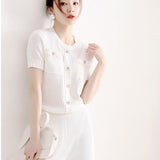 Women Golden Button Hollow Out Knitting Tops + Wide Leg Pants 2Pcs Sets Casual Short Sleeve Tops Knitwear Trousers