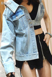 Denim Jackets For Women V Neck Long Sleeve One Off Shouder Patchwork Asymmetric Hollow Out Coats Female 2023