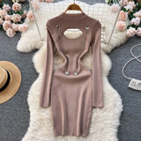 Hollow Out Sexy Sweater Dress Temperamant Fashion Chain Long Sleeve Slim Ladies Autumn Korean Elastic Knitted