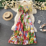 Bohemian Women Tie Dye Printed Long Dress Sexy Autumn 2021 Female V-Neck Short Sleeve High Waist Vacation Beach Ruffle